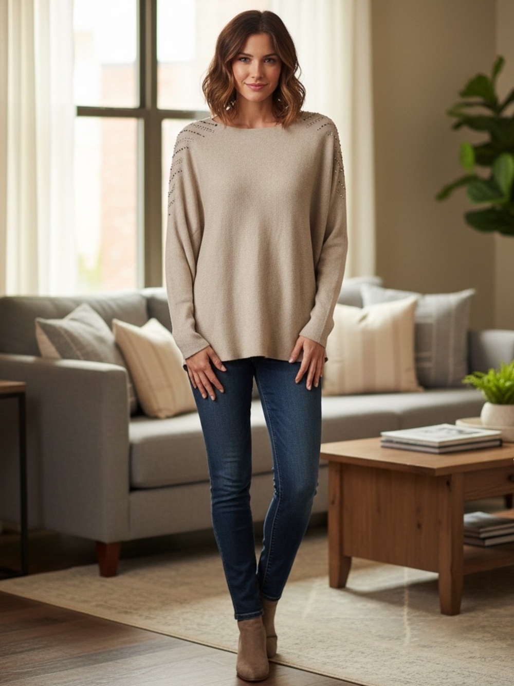 Vila Milano Beaded Shoulder Knit Sweater - Taupe